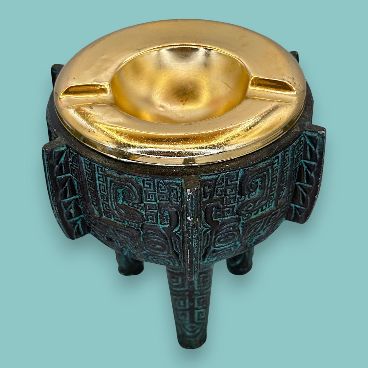 Vintage Archaistic Bronze Ding Vessel Brutalist Bowl /Ashtray: Made in Taiwan Patina