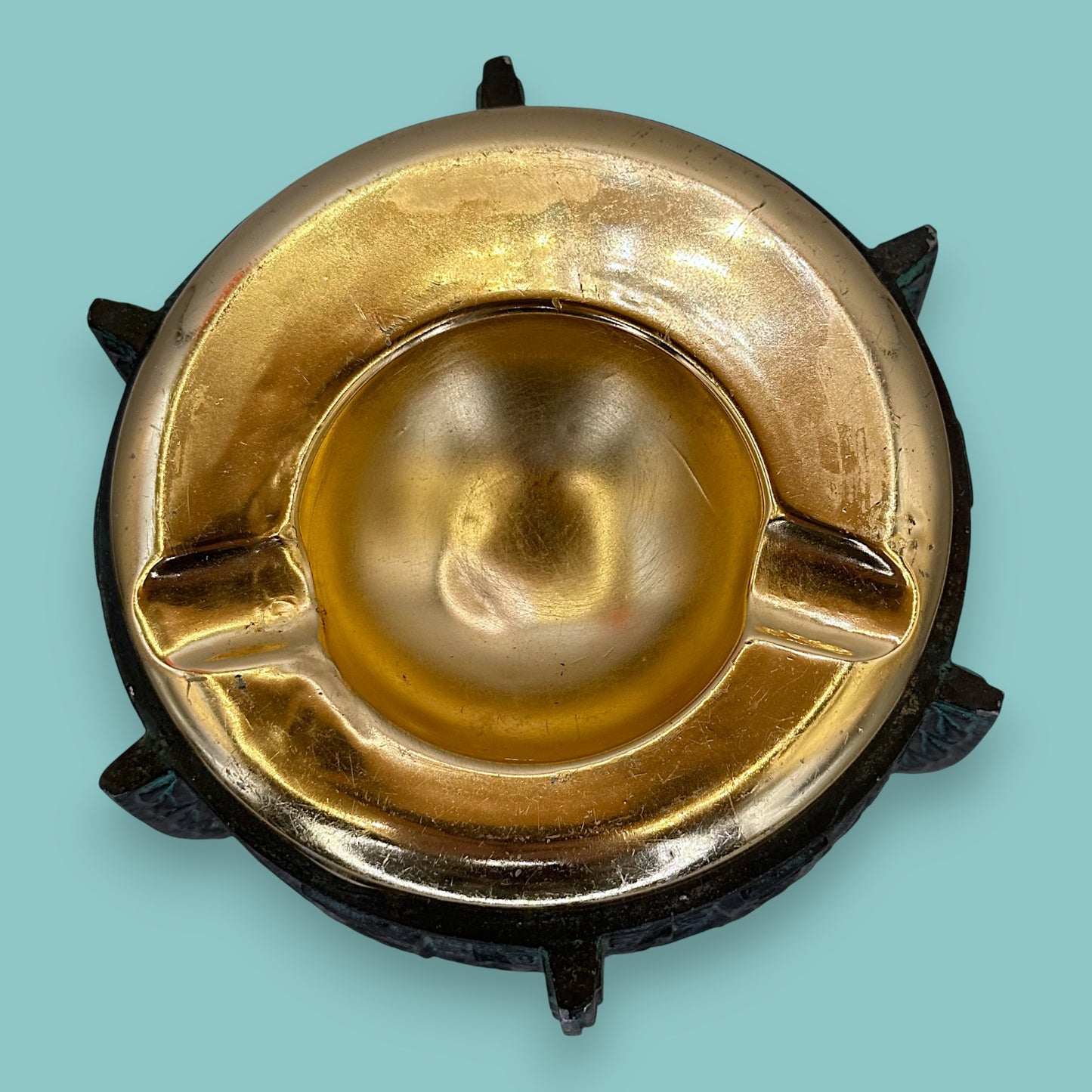 Vintage Archaistic Bronze Ding Vessel Brutalist Bowl /Ashtray: Made in Taiwan Patina