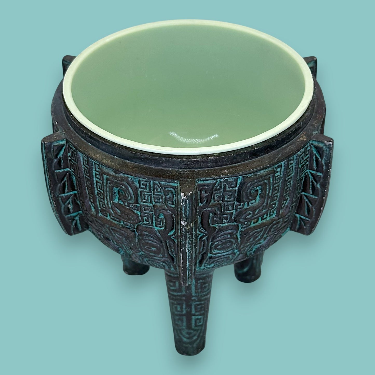 Vintage Archaistic Bronze Ding Vessel Brutalist Bowl /Ashtray: Made in Taiwan Patina