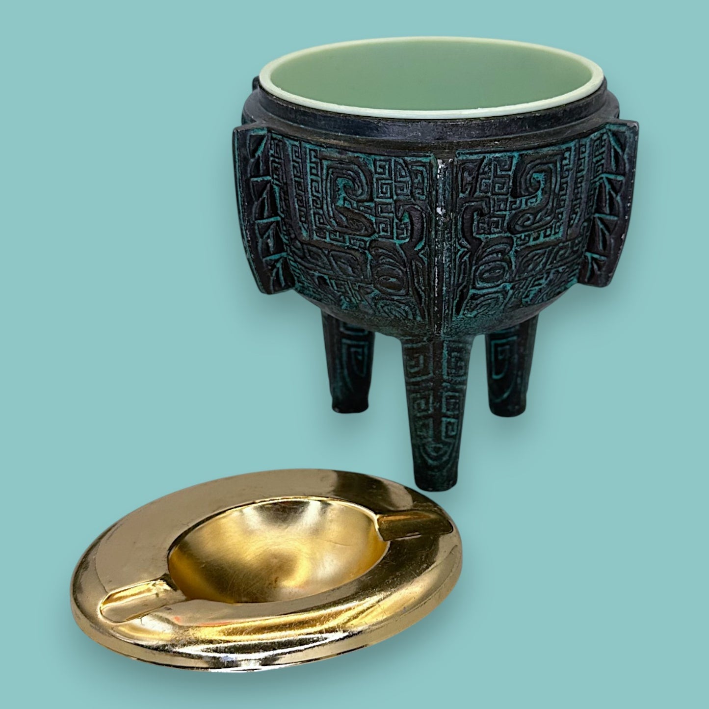 Vintage Archaistic Bronze Ding Vessel Brutalist Bowl /Ashtray: Made in Taiwan Patina