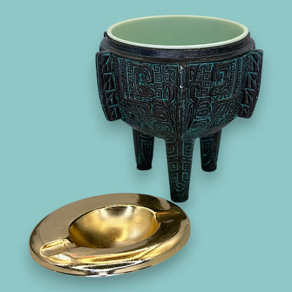 Vintage Archaistic Bronze Ding Vessel Brutalist Bowl /Ashtray: Made in Taiwan Patina