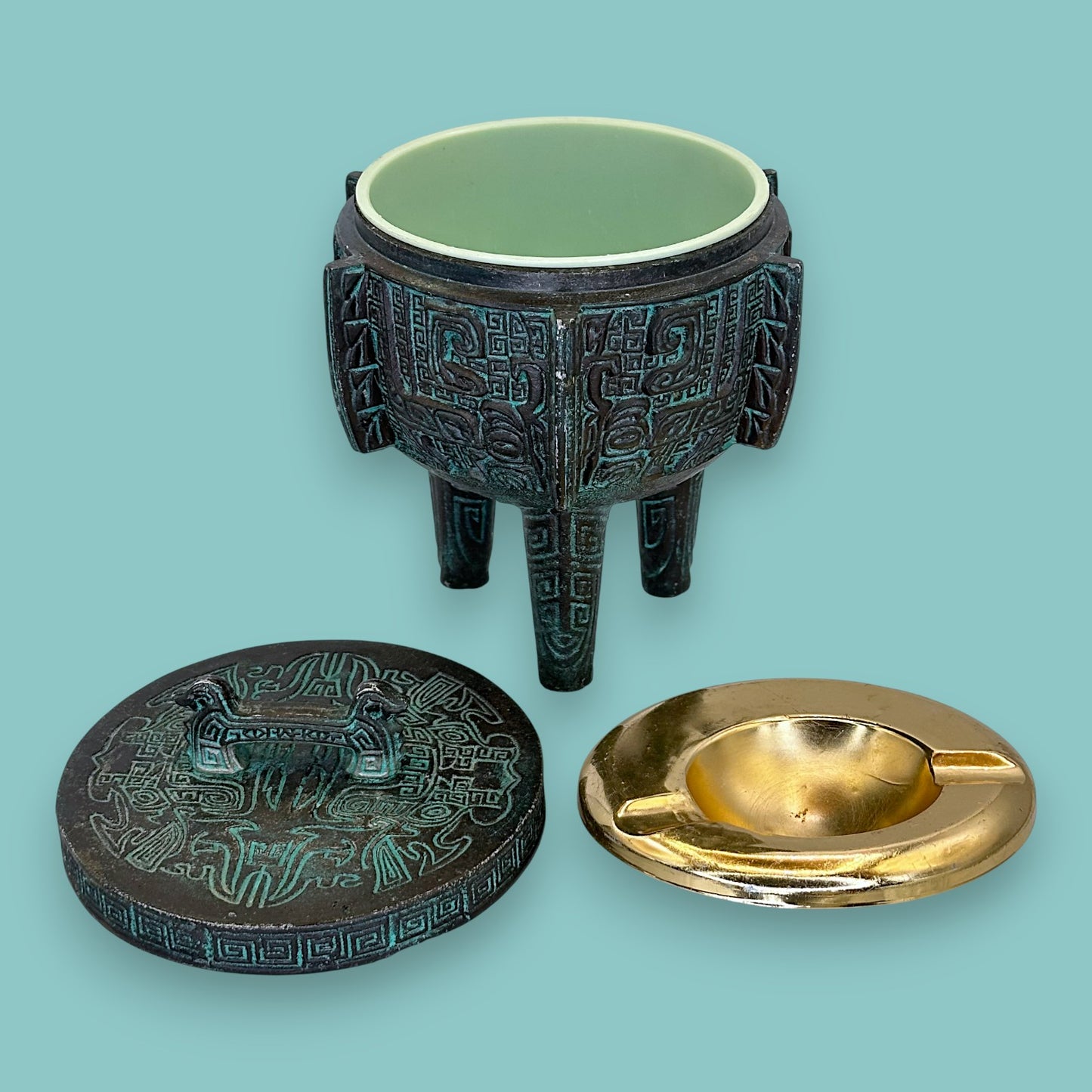 Vintage Archaistic Bronze Ding Vessel Brutalist Bowl /Ashtray: Made in Taiwan Patina