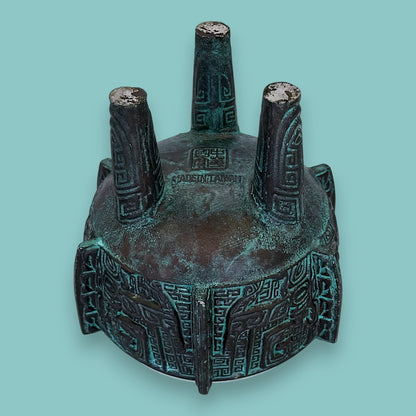 Vintage Archaistic Bronze Ding Vessel Brutalist Bowl /Ashtray: Made in Taiwan Patina