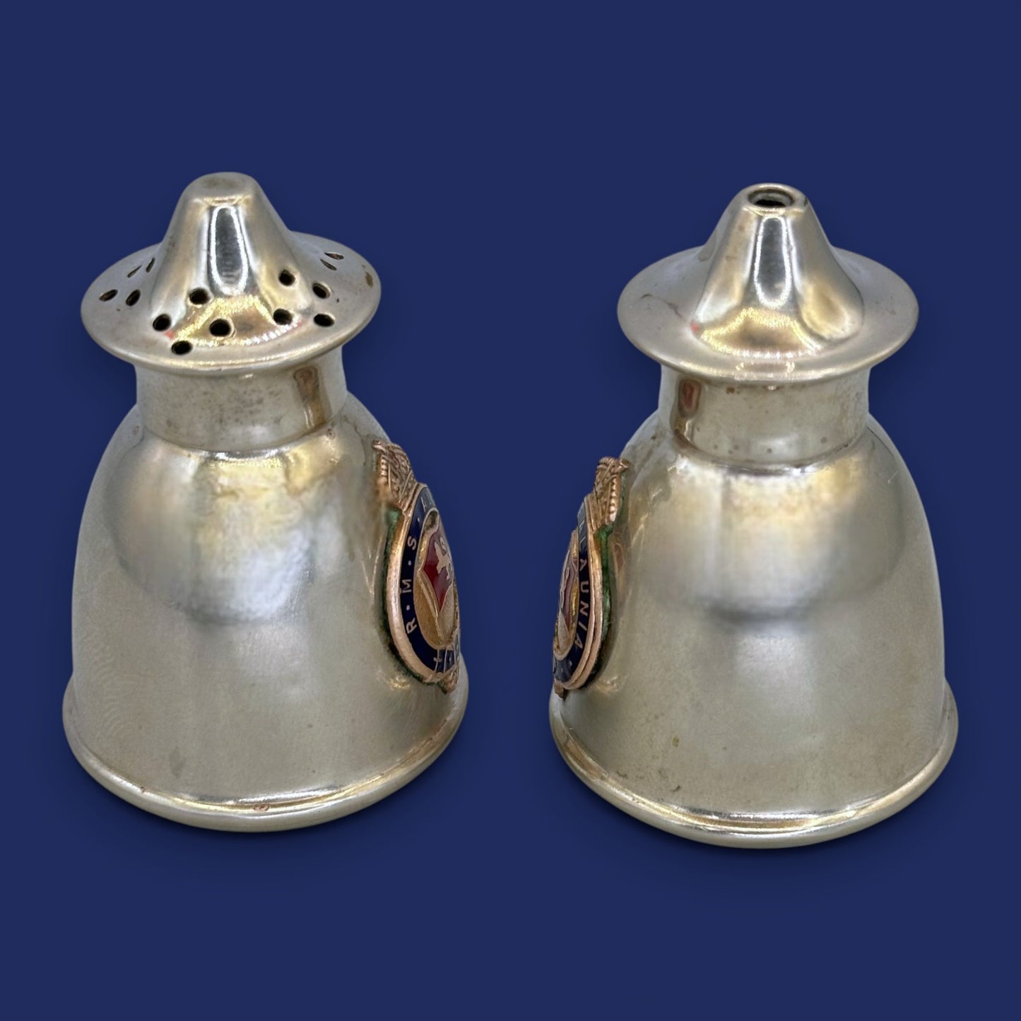🚢 RMS Alaunia Antique Crested Salt and Pepper Shakers: EPNS Silverplate