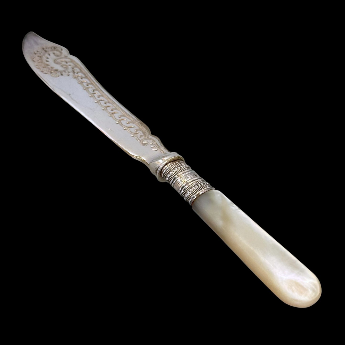 Victorian Mother of Pearl & Silverplate Butter Spreader Knife: Engraved Blade