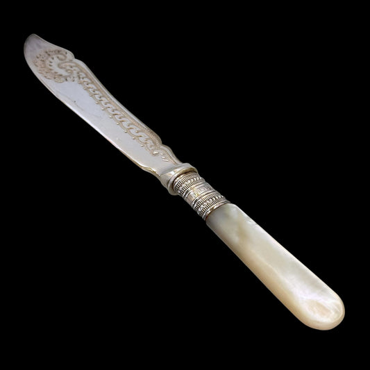 Victorian Mother of Pearl & Silverplate Butter Spreader Knife: Engraved Blade