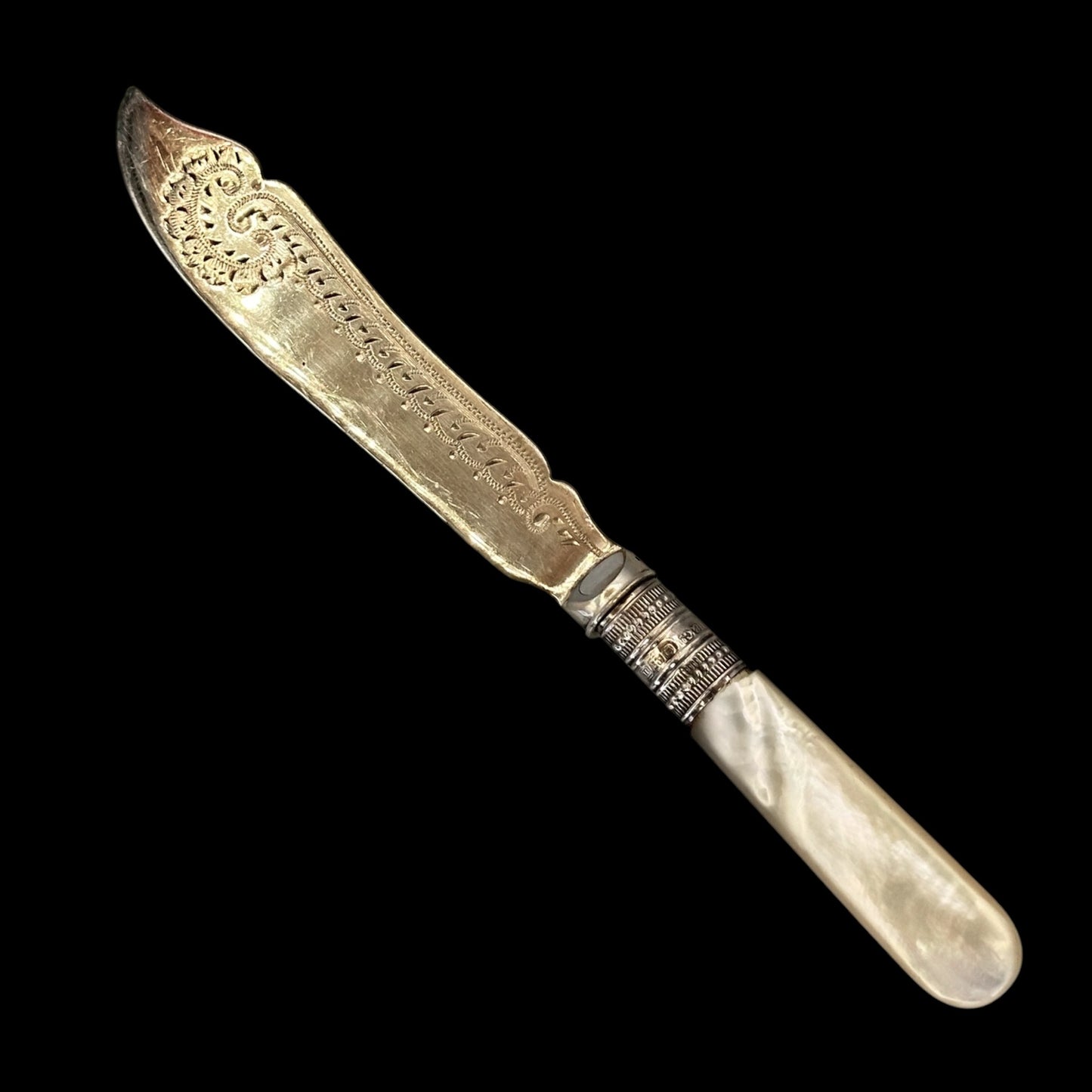 Victorian Mother of Pearl & Silverplate Butter Spreader Knife: Engraved Blade