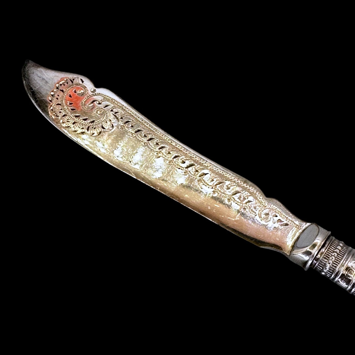 Victorian Mother of Pearl & Silverplate Butter Spreader Knife: Engraved Blade