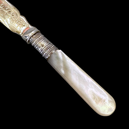 Victorian Mother of Pearl & Silverplate Butter Spreader Knife: Engraved Blade