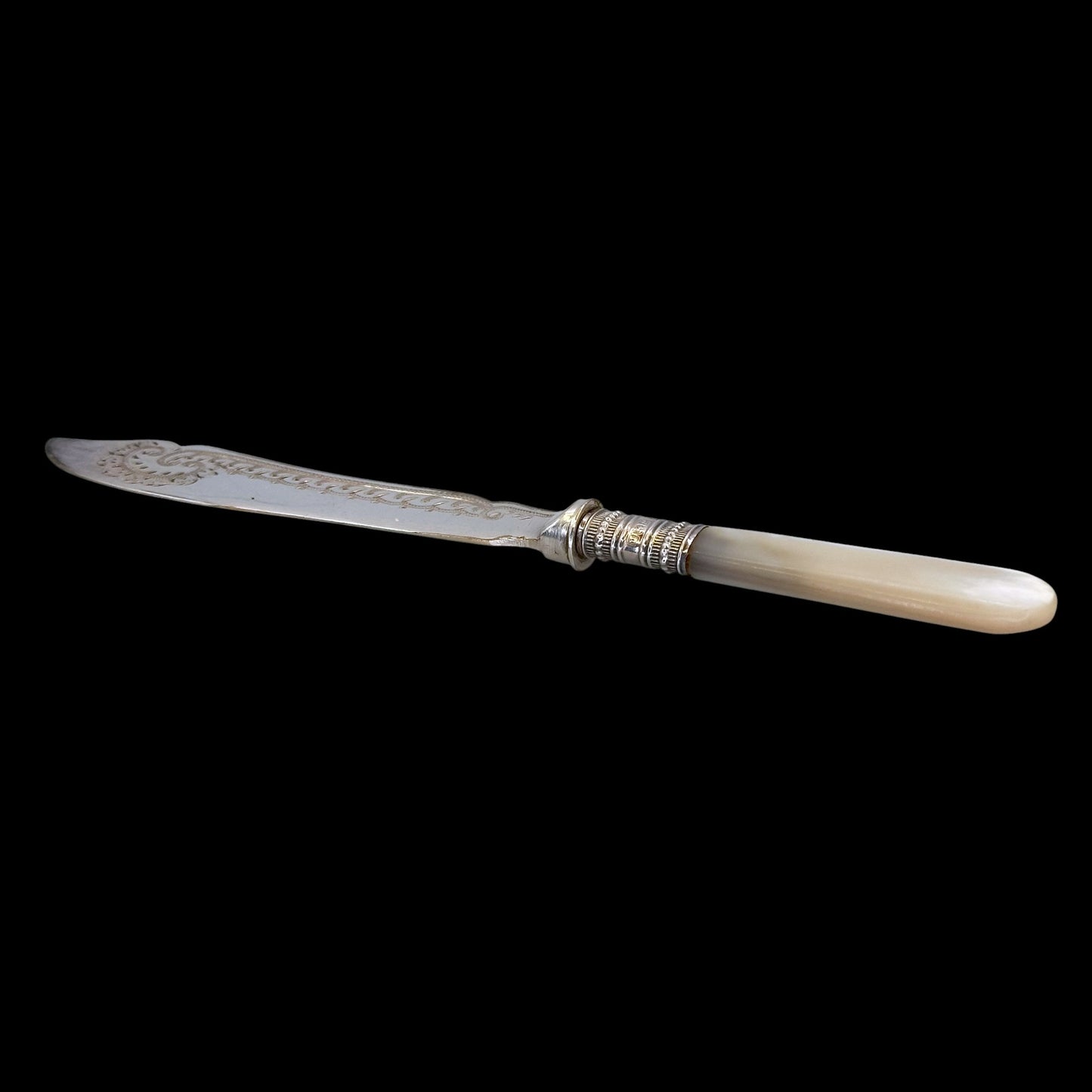 Victorian Mother of Pearl & Silverplate Butter Spreader Knife: Engraved Blade