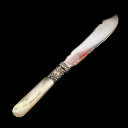 Victorian Mother of Pearl & Silverplate Butter Spreader Knife: Engraved Blade