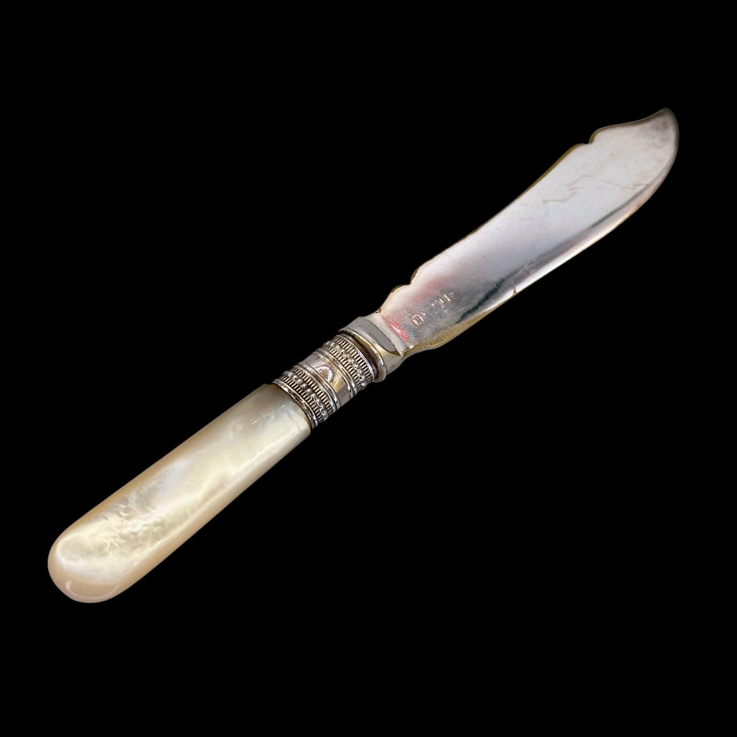 Victorian Mother of Pearl & Silverplate Butter Spreader Knife: Engraved Blade