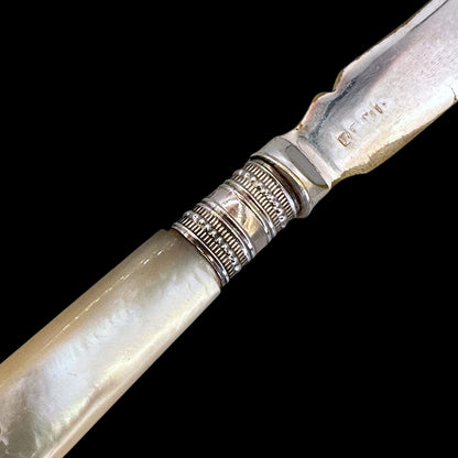 Victorian Mother of Pearl & Silverplate Butter Spreader Knife: Engraved Blade