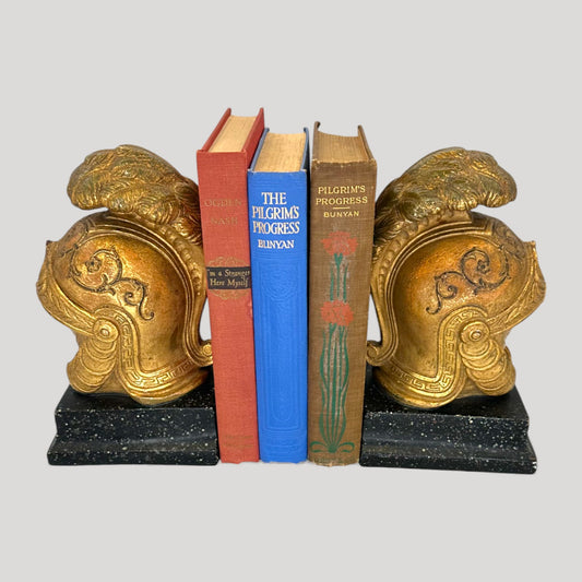 Vintage Neoclassical Borghese Gilt Roman Helmet Bookends Pair