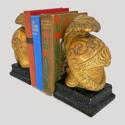 Vintage Neoclassical Borghese Gilt Roman Helmet Bookends Pair