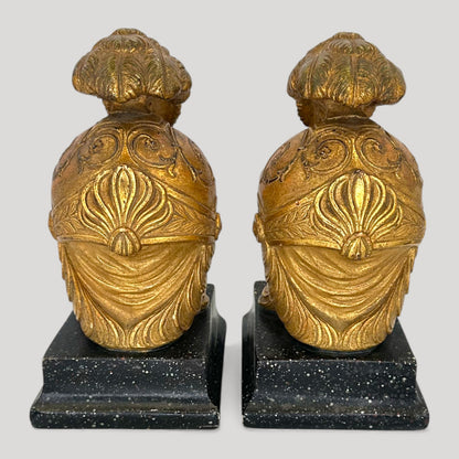 Vintage Neoclassical Borghese Gilt Roman Helmet Bookends Pair