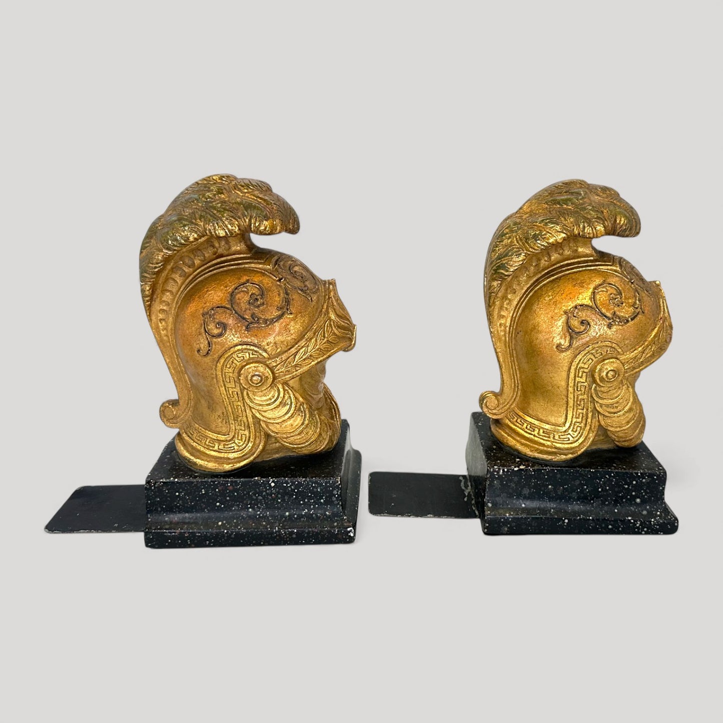 Vintage Neoclassical Borghese Gilt Roman Helmet Bookends Pair