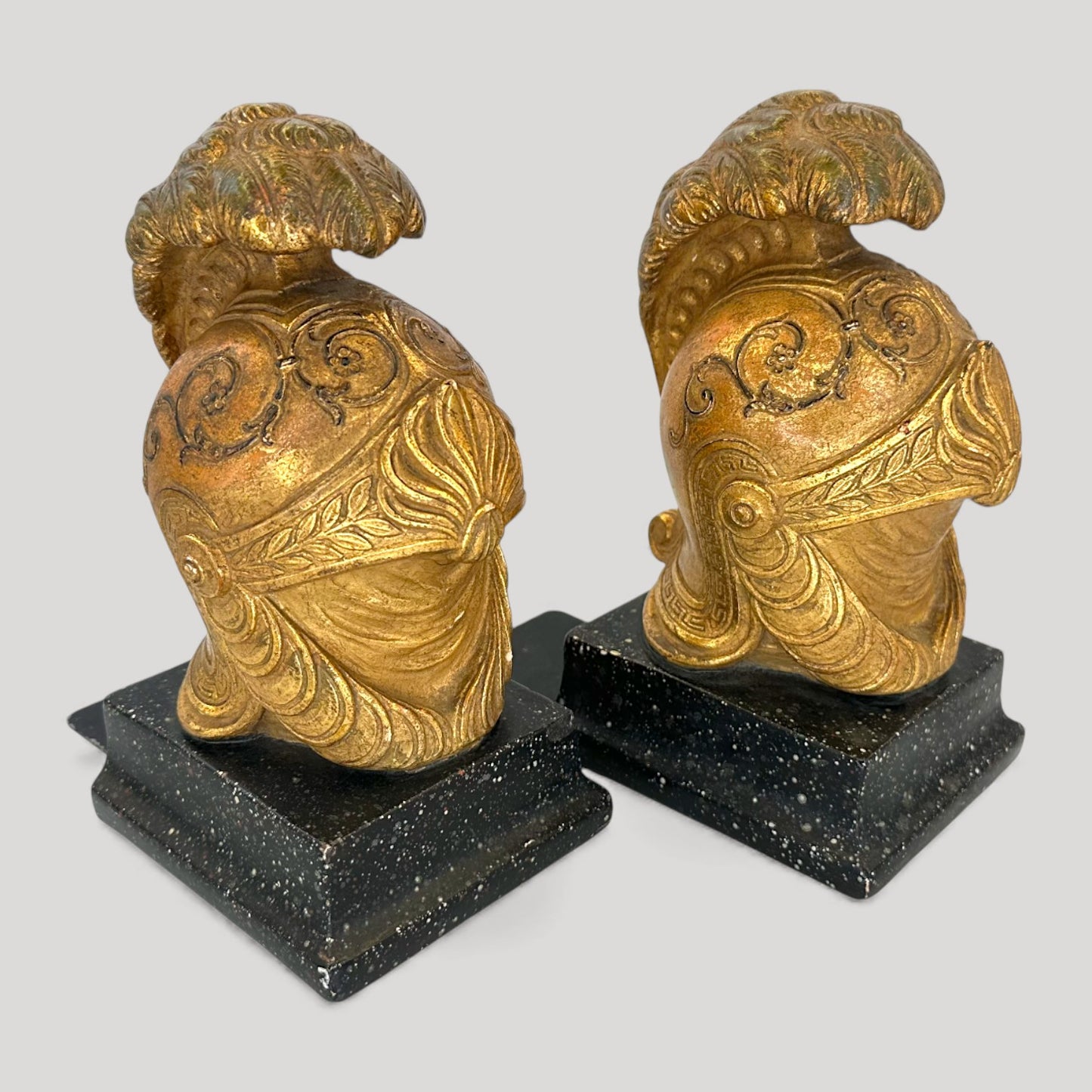 Vintage Neoclassical Borghese Gilt Roman Helmet Bookends Pair