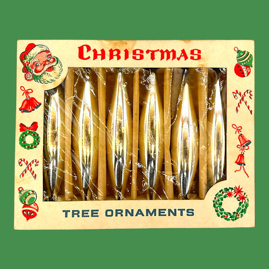 Vintage Shiny Silver Teardrop Christmas Tree Ornaments in Original Box- Mercury Glass