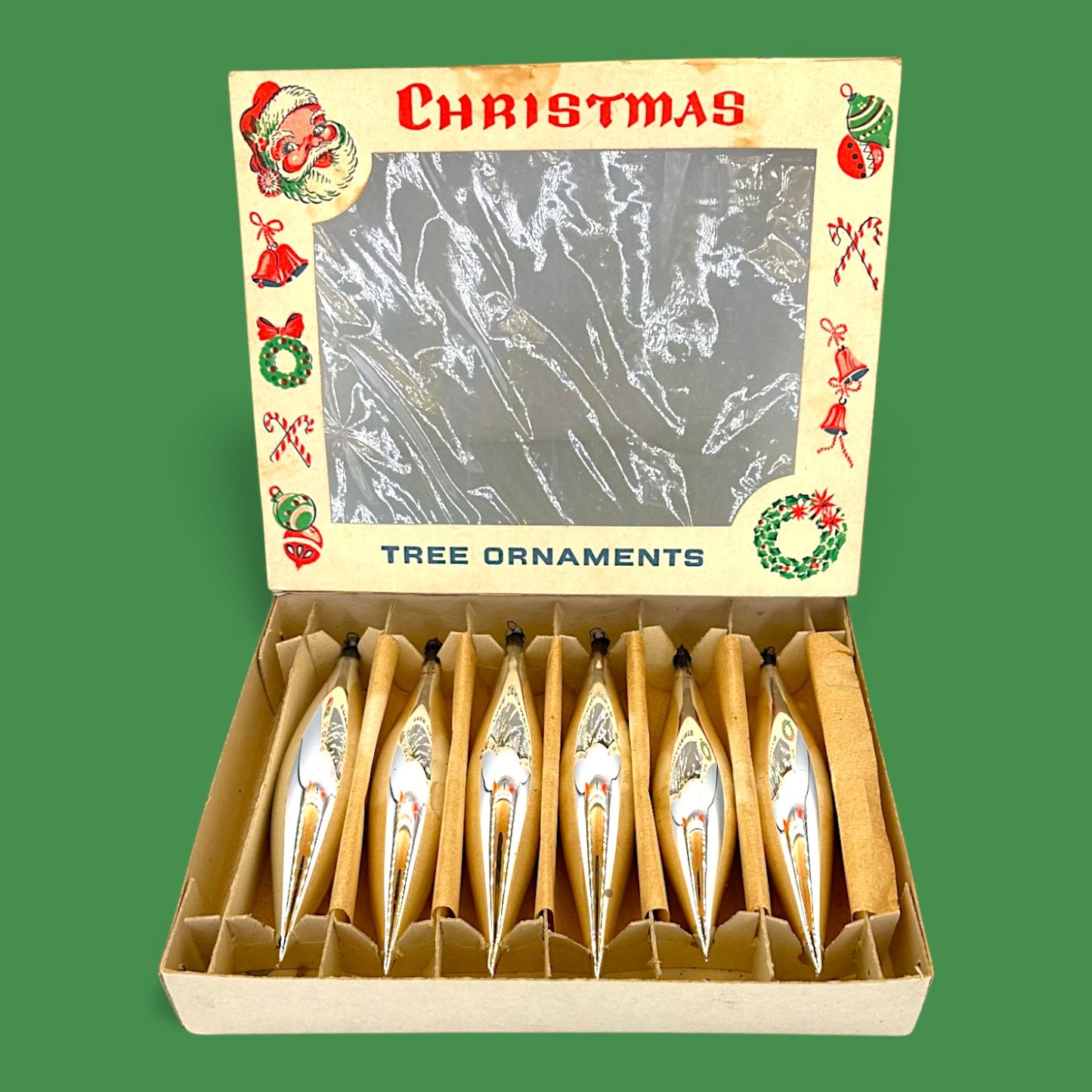 Vintage Shiny Silver Teardrop Christmas Tree Ornaments in Original Box- Mercury Glass