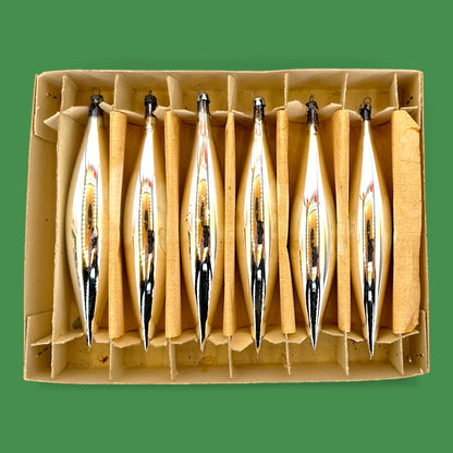 Vintage Shiny Silver Teardrop Christmas Tree Ornaments in Original Box- Mercury Glass