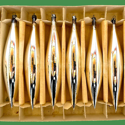 Vintage Shiny Silver Teardrop Christmas Tree Ornaments in Original Box- Mercury Glass