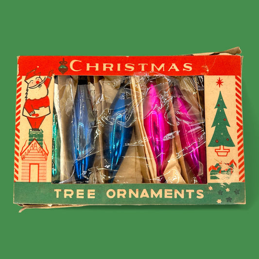 Retro Jewel-Tone Teardrop Christmas Ornaments in Original Box - Vintage Mercury Glass