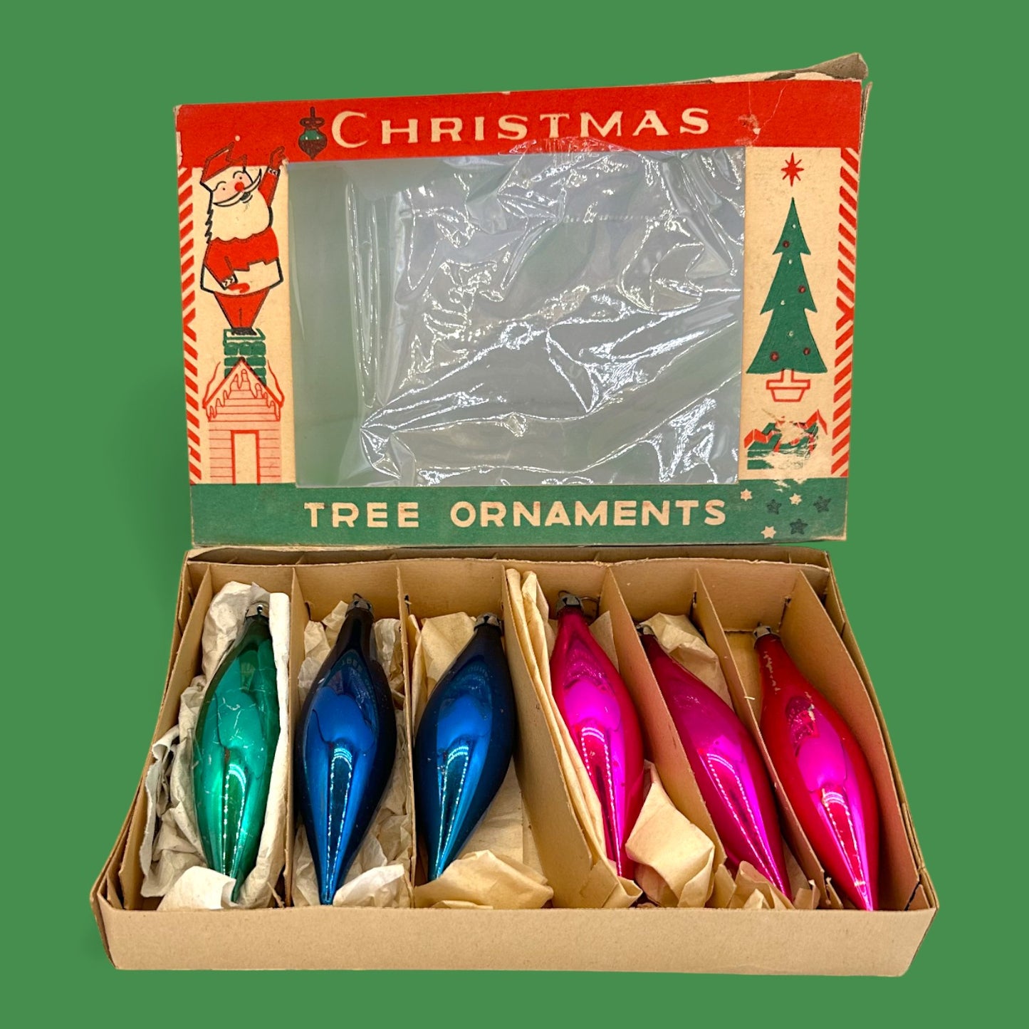Retro Jewel-Tone Teardrop Christmas Ornaments in Original Box - Vintage Mercury Glass