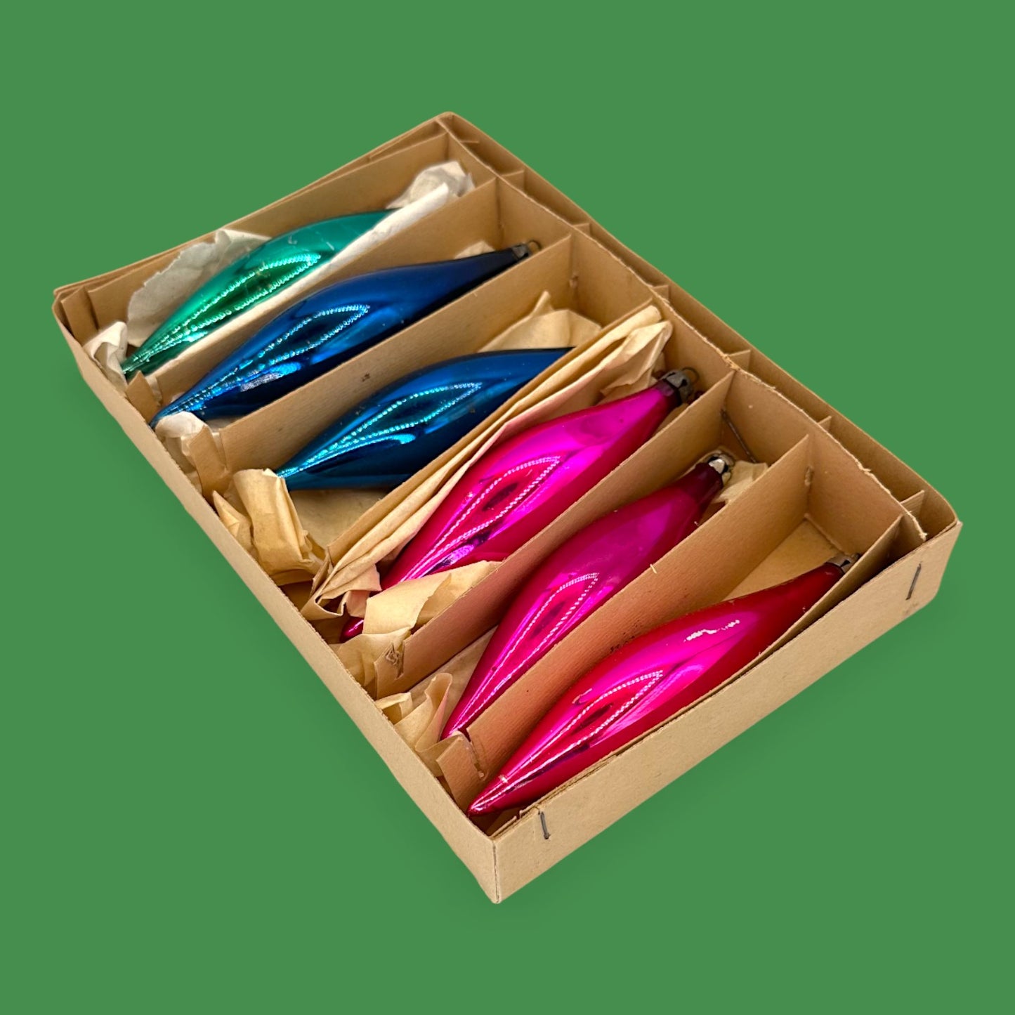 Retro Jewel-Tone Teardrop Christmas Ornaments in Original Box - Vintage Mercury Glass