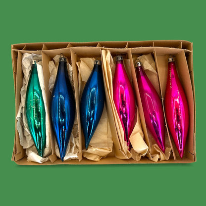 Retro Jewel-Tone Teardrop Christmas Ornaments in Original Box - Vintage Mercury Glass