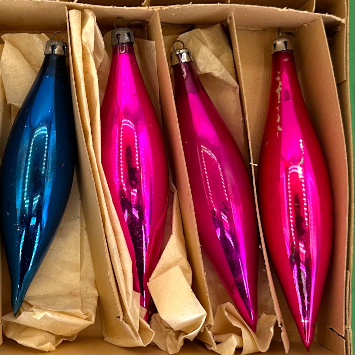 Retro Jewel-Tone Teardrop Christmas Ornaments in Original Box - Vintage Mercury Glass