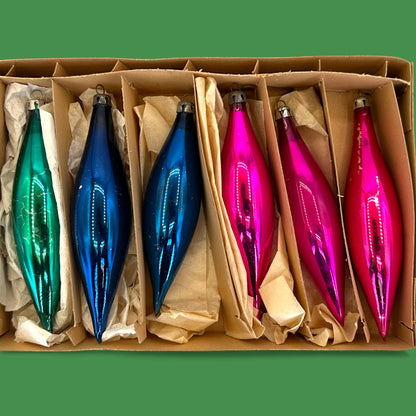 Retro Jewel-Tone Teardrop Christmas Ornaments in Original Box - Vintage Mercury Glass