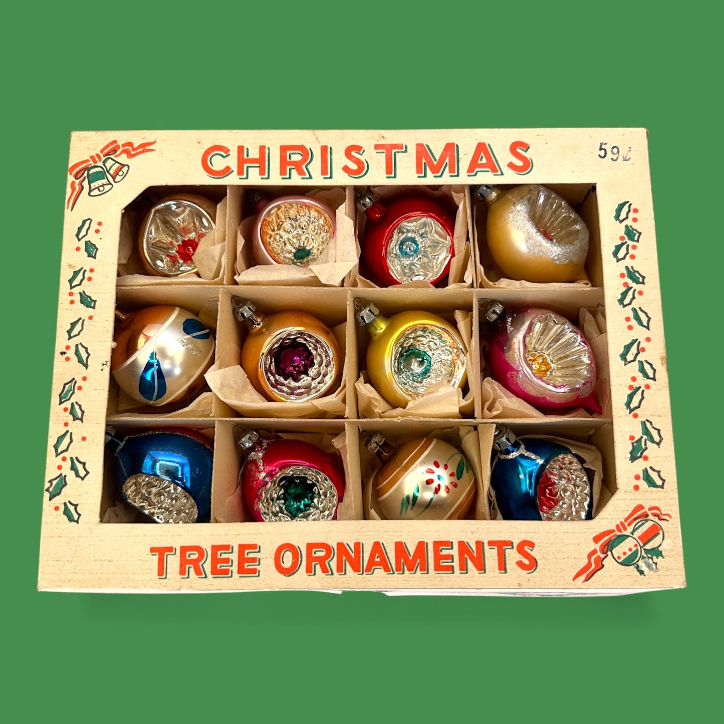 Vintage Shiny Brite Ornaments, 12-piece Set, Retro Christmas Decor - Indents - Mercury Glass