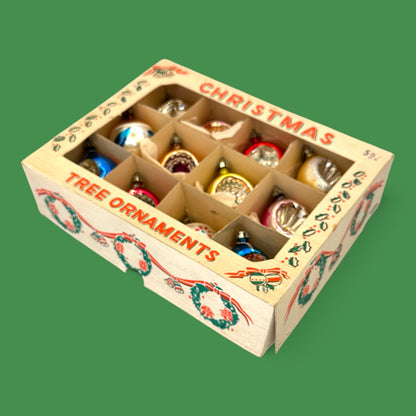 Vintage Shiny Brite Ornaments, 12-piece Set, Retro Christmas Decor - Indents - Mercury Glass