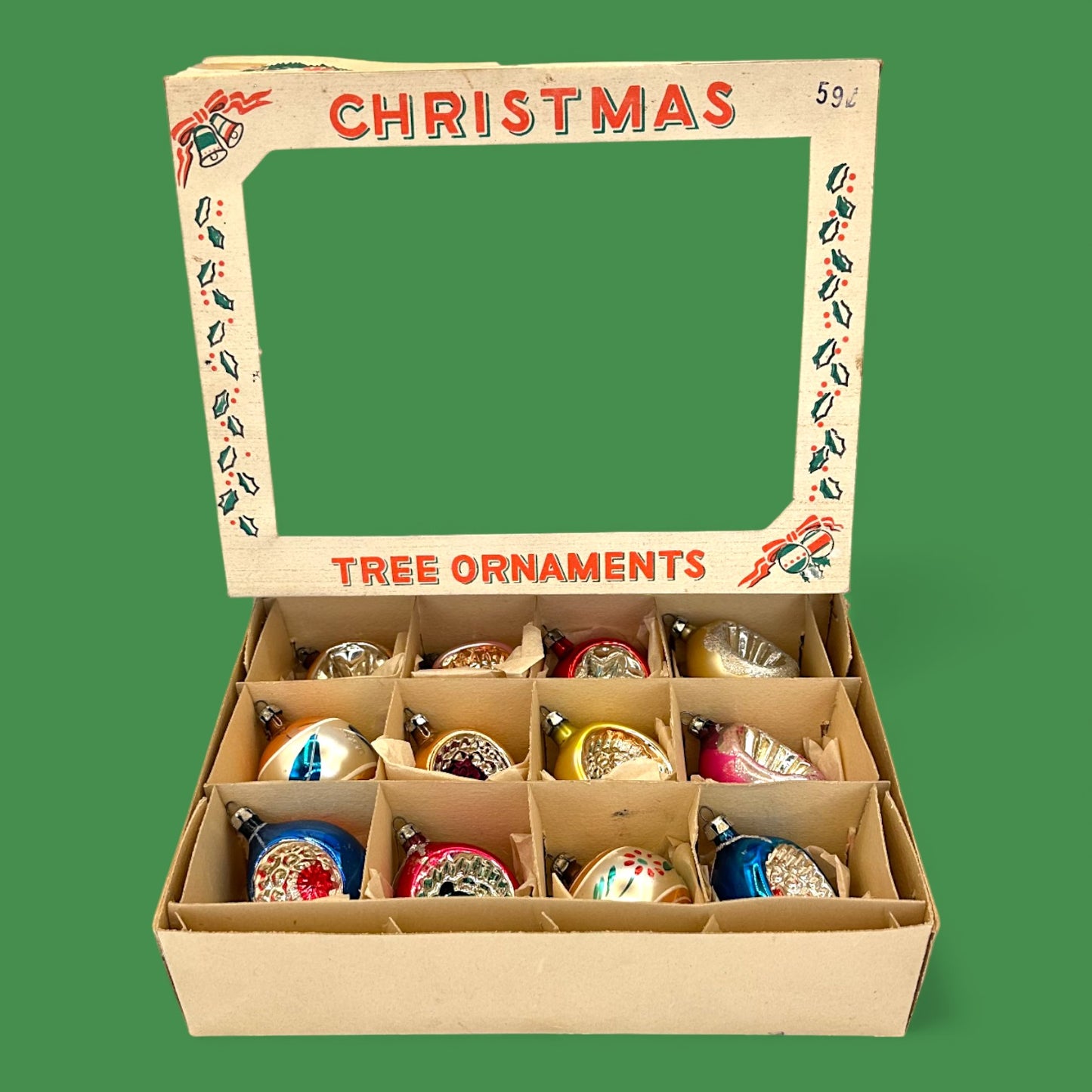 Vintage Shiny Brite Ornaments, 12-piece Set, Retro Christmas Decor - Indents - Mercury Glass