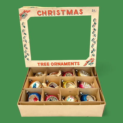 Vintage Shiny Brite Ornaments, 12-piece Set, Retro Christmas Decor - Indents - Mercury Glass