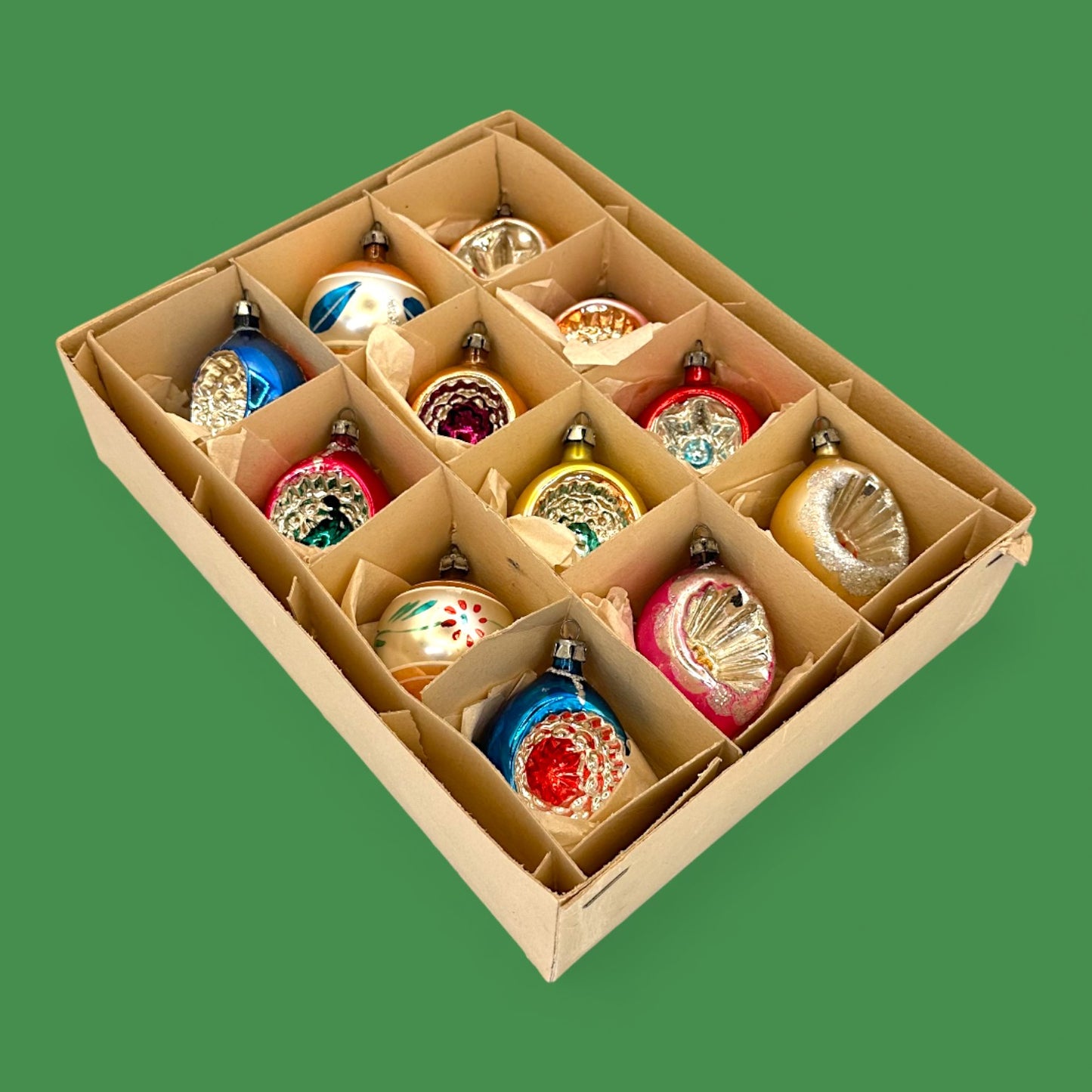 Vintage Shiny Brite Ornaments, 12-piece Set, Retro Christmas Decor - Indents - Mercury Glass