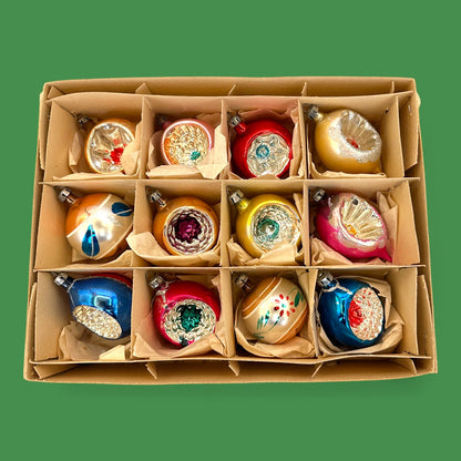 Vintage Shiny Brite Ornaments, 12-piece Set, Retro Christmas Decor - Indents - Mercury Glass