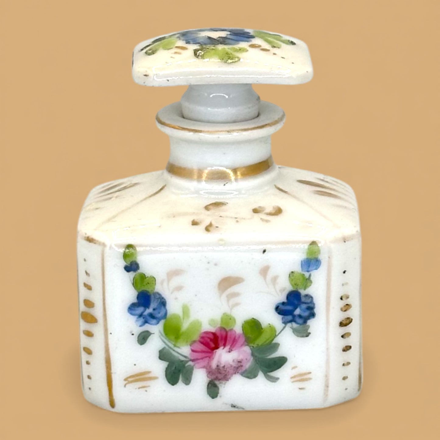 Antique French Porcelain Scent or Perfume Bottle Hand Painted With Stopper