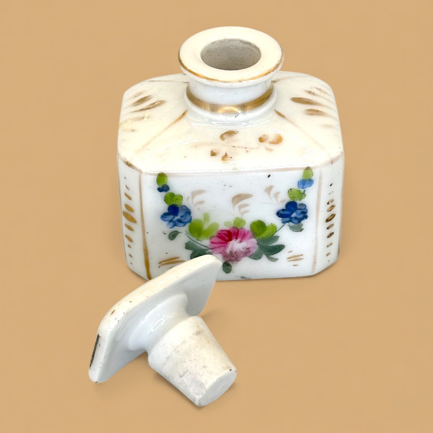 Antique French Porcelain Scent or Perfume Bottle Hand Painted With Stopper