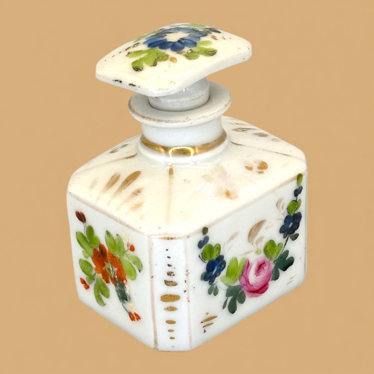 Antique French Porcelain Scent or Perfume Bottle Hand Painted With Stopper