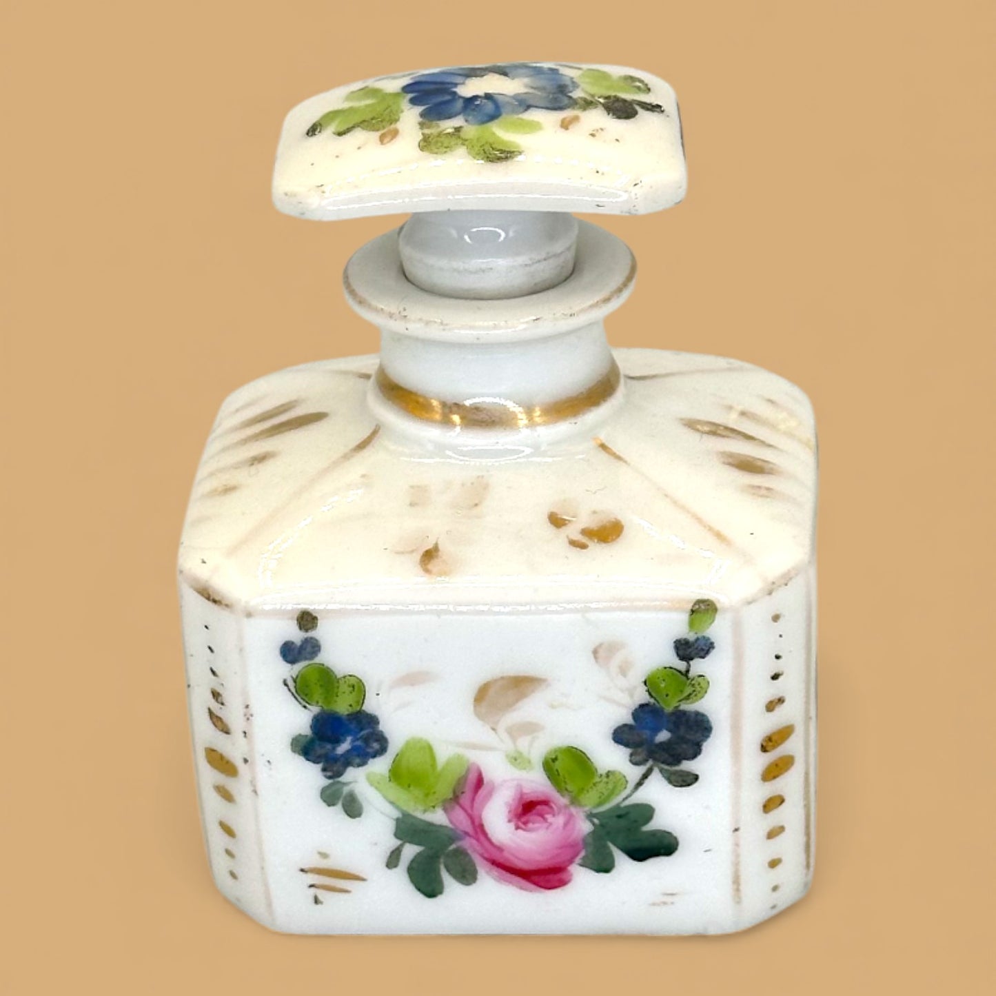 Antique French Porcelain Scent or Perfume Bottle Hand Painted With Stopper
