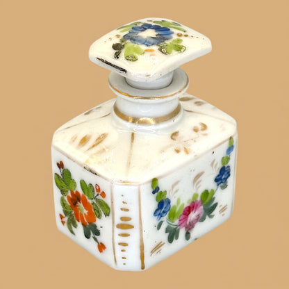 Antique French Porcelain Scent or Perfume Bottle Hand Painted With Stopper