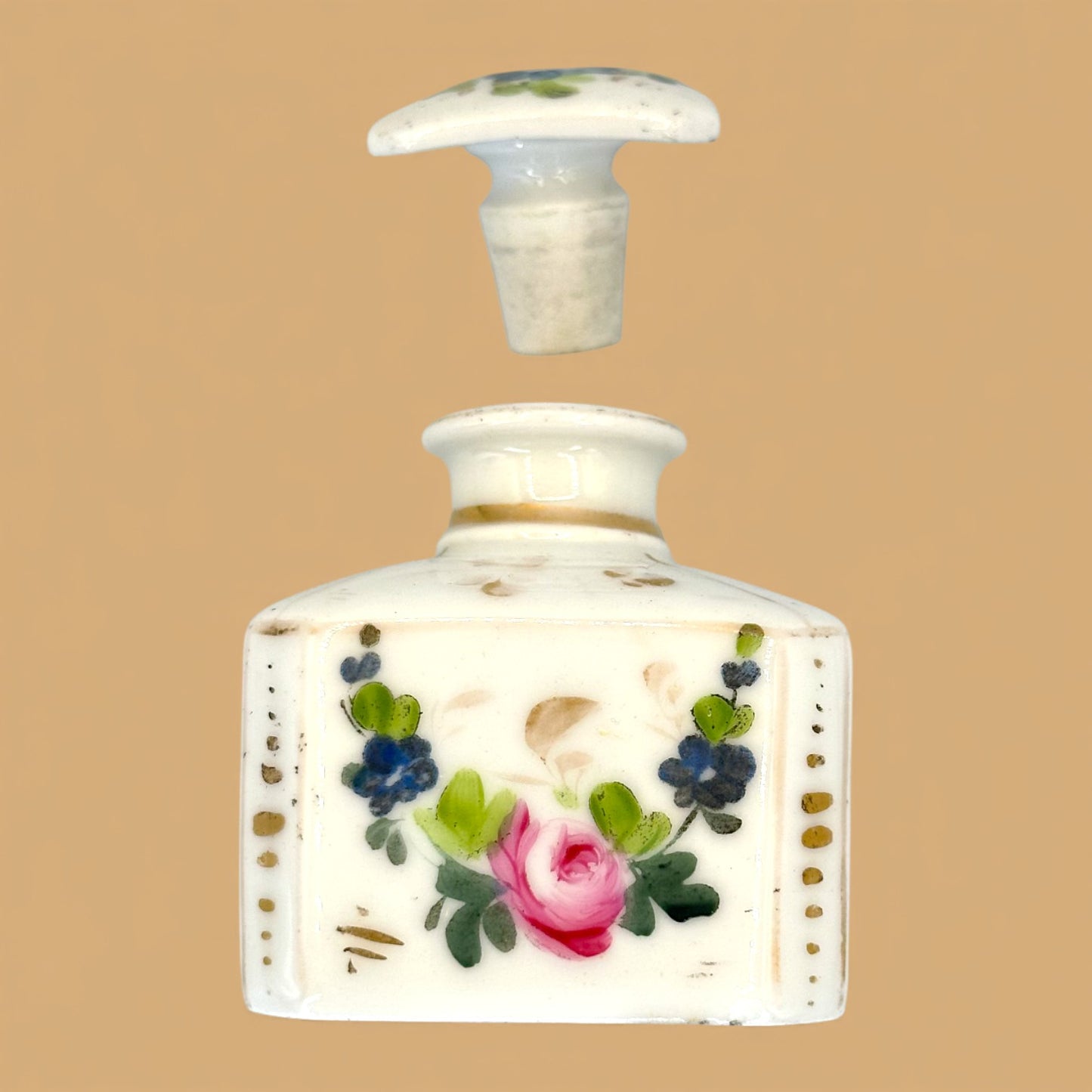 Antique French Porcelain Scent or Perfume Bottle Hand Painted With Stopper