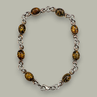 Vintage Sterling Silver & Amber Link Bracelet