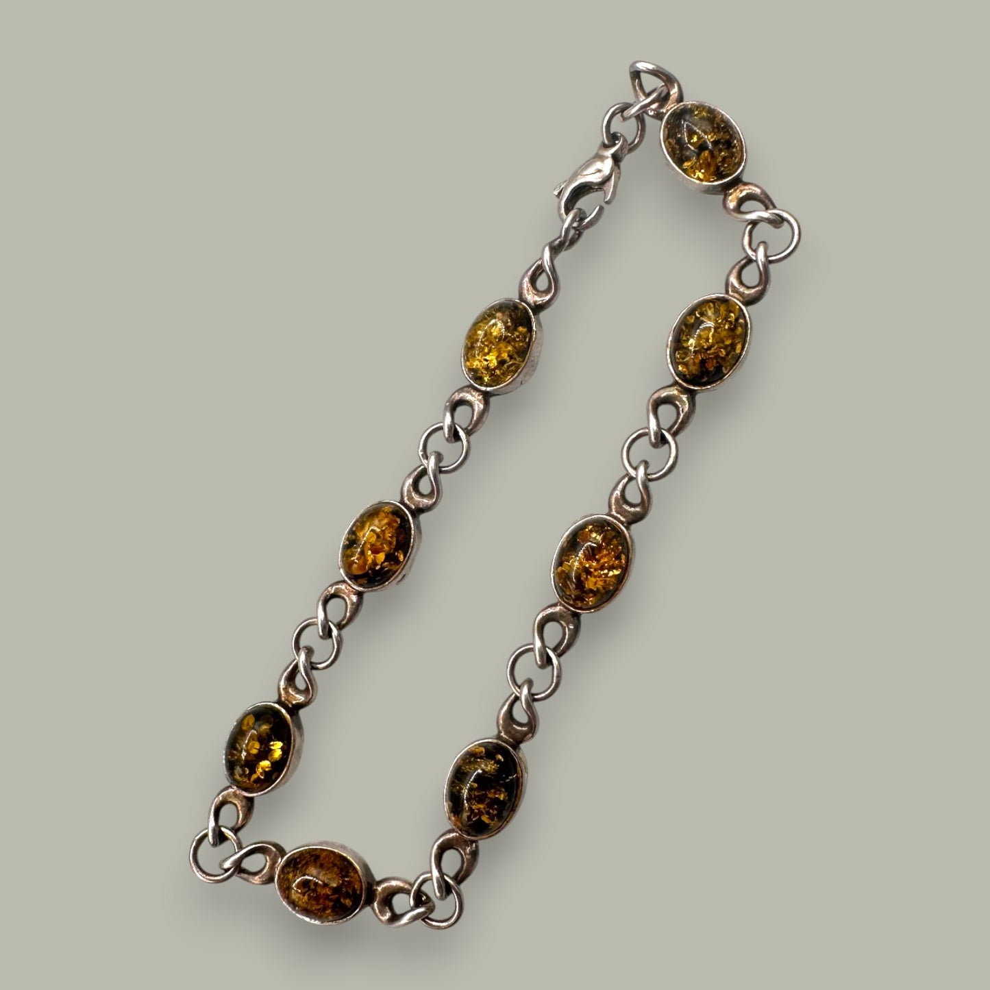 Vintage Sterling Silver & Amber Link Bracelet