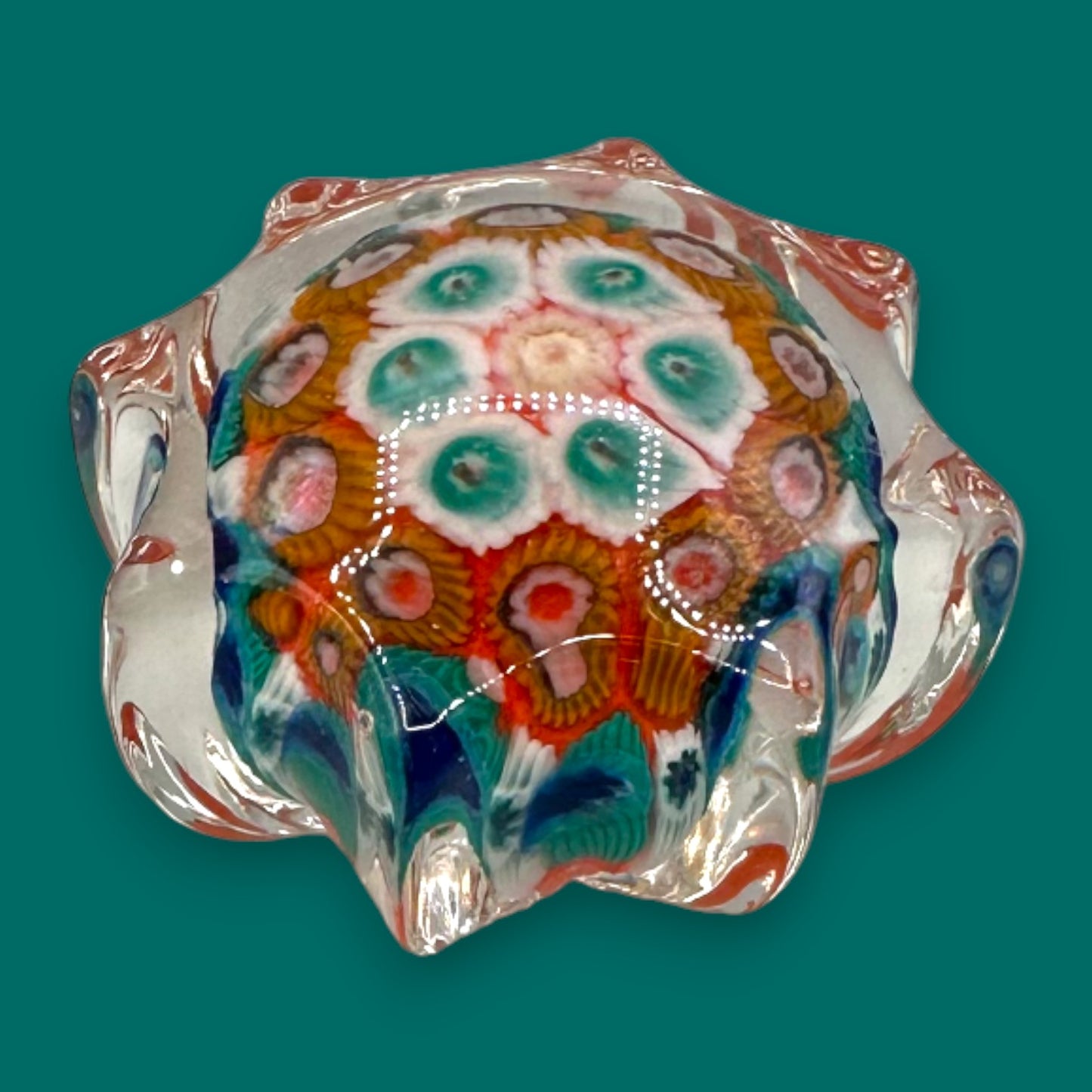 Vintage Murano Millefiori Star Paperweight - Green & Red Star