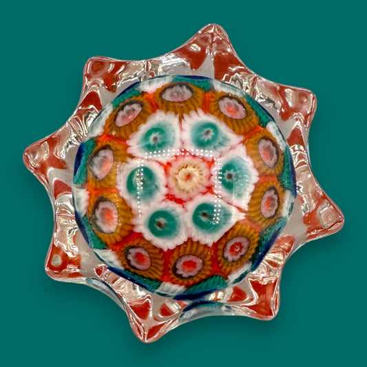 Vintage Murano Millefiori Star Paperweight - Green & Red Star