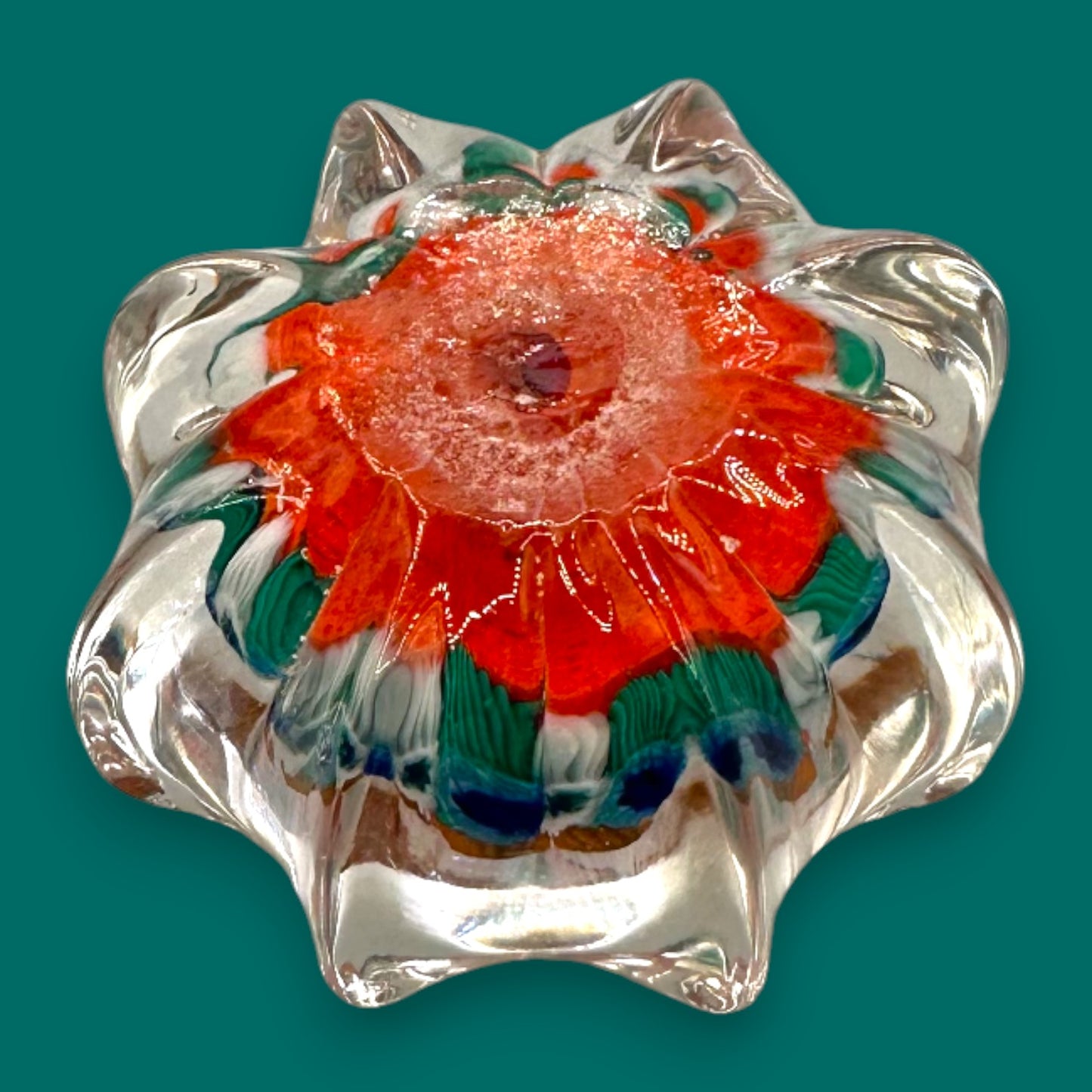 Vintage Murano Millefiori Star Paperweight - Green & Red Star