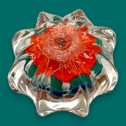 Vintage Murano Millefiori Star Paperweight - Green & Red Star